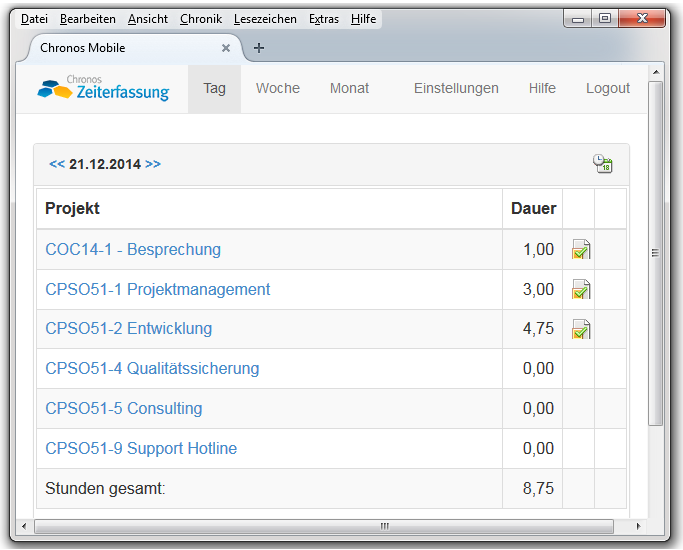 SAP Mobile Zeiterfassung - Tagesansicht